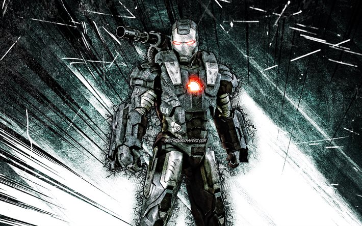 4k, war machine armor mark i, grunge-kunst, superhelden, marvel-comics, wei&#223;e abstrakte strahlen, james rhodes, war machine 4k