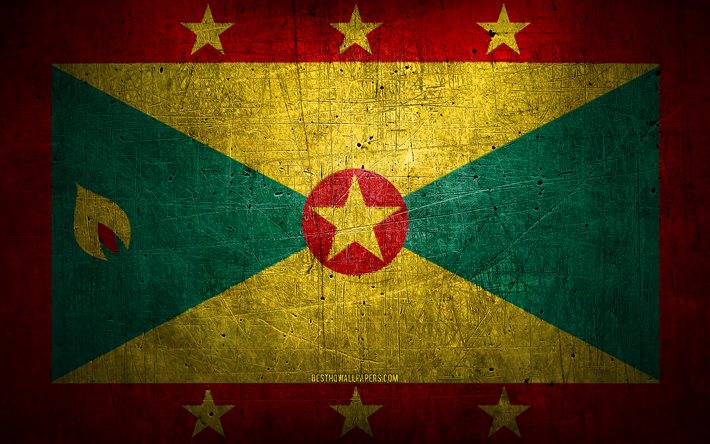 Bandiera di metallo di Grenada, arte grunge, Paesi nordamericani, Giorno di Grenada, simboli nazionali, Bandiera di Grenada, bandiere di metallo, Nord America, Grenada