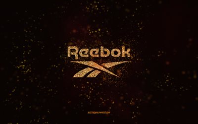 Reebok glitter logo, 4k, black background, Reebok logo, yellow glitter art, Reebok, creative art, Reebok yellow glitter logo