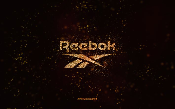Reebok glitter logo, 4k, black background, Reebok logo, yellow glitter art, Reebok, creative art, Reebok yellow glitter logo