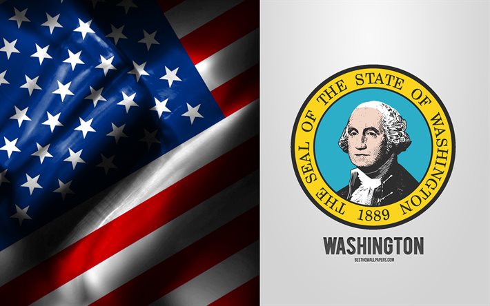 Washingtonin sinetti, USA: n lippu, Washingtonin tunnus, Washingtonin vaakuna, Washington -merkki, Yhdysvaltain lippu, Washington, USA