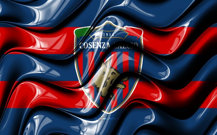 コゼンツァFC旗, 4k, 赤と青の3D波, セリエA, イタリアのサッカークラブ, コゼンツァカルチョサッカー, コゼンツァのロゴ, サッカー, コゼンツァFC