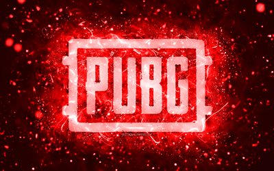 Pubg red logo, 4k, red neon lights, PlayerUnknowns Battlegrounds, creative, red abstract background, Pubg logo, online games, Pubg
