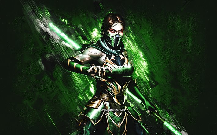 Jade, Mortal Kombat Mobile, Jade MK Mobile, Mortal Kombat, fond de pierre verte, personnages de Mortal Kombat Mobile, art grunge, Jade Mortal Kombat
