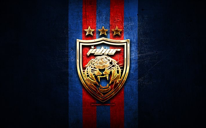 Johor Darul Tazim FC, golden logo, Malaysia Super League, blue metal background, football, malaysian football club, Johor Darul Tazim logo, soccer, Johor Darul Tazim, Johor DT