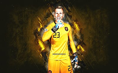 Marco Bizot, Netherlands national football team, dutch footballer, goalkeeper, yellow stone background, soccer, grunge art