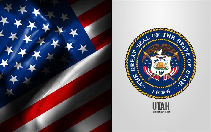 Seal of Utah, USA Flag, Utah emblem, Utah coat of arms, Utah badge, American flag, Utah, USA