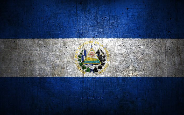 Salvadoran metal flag, grunge art, North American countries, Day of El Salvador, national symbols, El Salvador flag, metal flags, Flag of El Salvador, North America, Salvadoran flag, El Salvador
