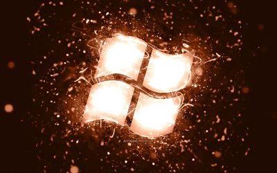 Windows logo marrone, 4k, luci al neon marroni, creativo, sfondo marrone astratto, logo Windows, sistema operativo, Windows