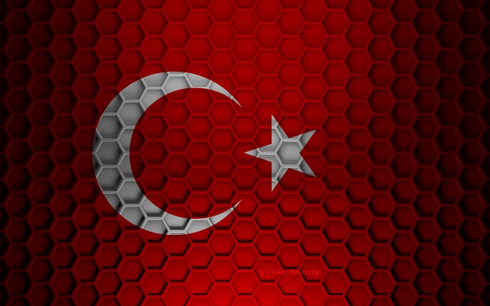 Bandeira da Turquia, textura de hex&#225;gonos 3D, Turquia, textura 3D, bandeira da Turquia 3D, textura de metal, bandeira da Turquia