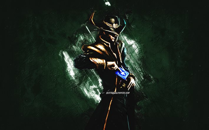 Twisted Fate, League of Legends, green stone background, LoL, League of Legends characters, Twisted Fate League of Legends