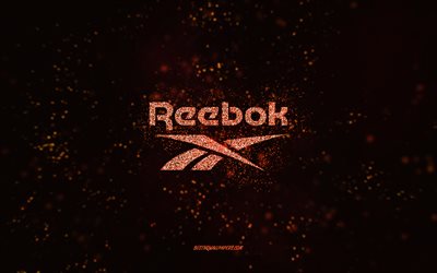 Reebok glitter logo, 4k, black background, Reebok logo, orange glitter art, Reebok, creative art, Reebok orange glitter logo