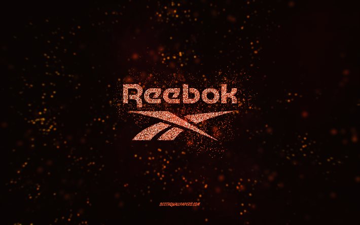 reebok glitzer-logo, 4k, schwarzer hintergrund, reebok-logo, orangefarbene glitzerkunst, reebok, kreative kunst, reebok orangefarbenes glitzer-logo