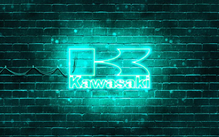 Kawasaki logo turchese, 4k, muro di mattoni turchese, logo Kawasaki, marche di motocicli, logo al neon Kawasaki, Kawasaki