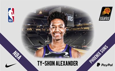 Ty-Shon Alexander, Phoenix Suns, jogador americano de basquete, NBA, retrato, EUA, basquete, Phoenix Suns Arena, logotipo do Phoenix Suns