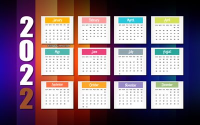 2022 Calendar, 4k, multicolored retro background, 2022 all months calendar, retro texture, 2022 concepts, 2022 New Year Calendar