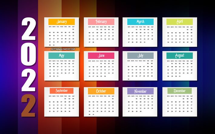 2022 kalender, 4k, mehrfarbiger retro-hintergrund, 2022 alle monate kalender, retro-textur, 2022 konzepte, 2022 neujahrskalender