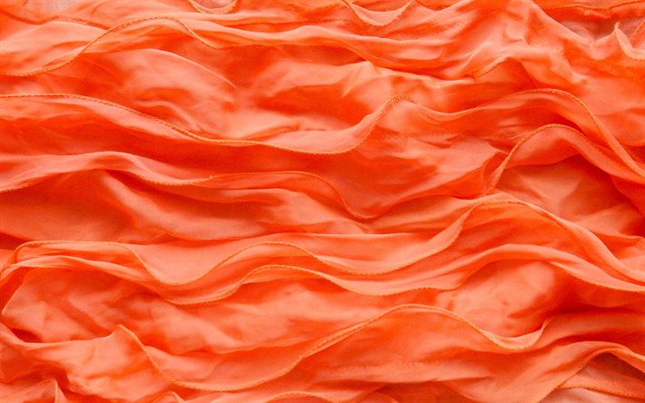 texture de tissu orange, fond de tissu orange, texture de vagues orange, texture de vagues de soie, texture de soie orange