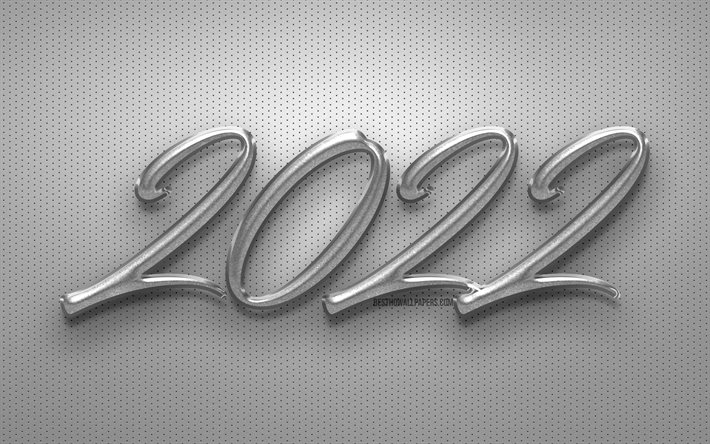 2022 d&#237;gitos 3D de prata, 4k, Feliz Ano Novo 2022, fundos de metal, 2022 conceitos, arte 3D, 2022 ano novo, 2022 em fundo de metal, d&#237;gitos de 2022 anos