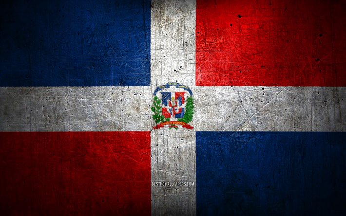 Dominican Republic metal flag, grunge art, North American countries, Day of Dominican Republic, national symbols, Dominican Republic flag, metal flags, Flag of Dominican Republic, North America, Dominican Republic