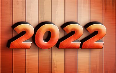 2022 رقم ثلاثي الأبعاد برتقالي, 4 ك, كل عام و انتم بخير, خلفيات خشبية, 2022 مفاهيم, فن ثلاثي الأبعاد, 2022 العام الجديد, 2022 على خلفية خشبية, 2022 أرقام سنة