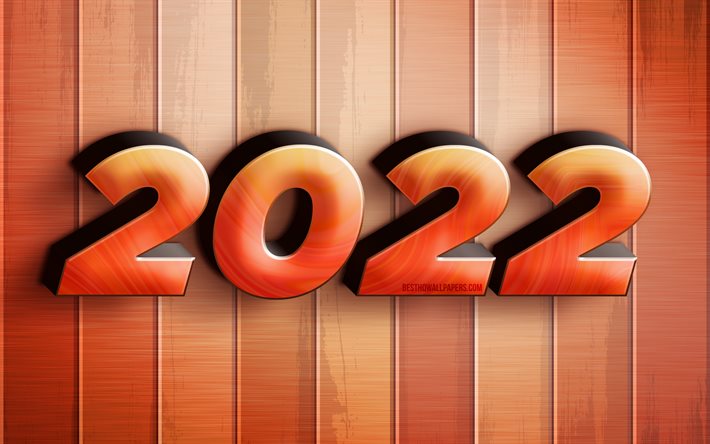 2022 turuncu 3D rakamlar, 4k, Mutlu Yıllar 2022, ahşap arka planlar, 2022 kavramlar, 3D sanat, 2022 yeni yıl, ahşap zemin &#252;zerinde 2022, 2022 yılı rakamları
