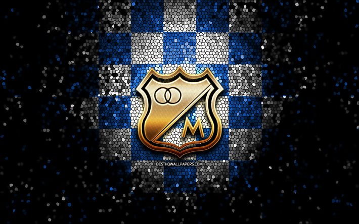 Millonarios FC, glitter -logo, Categoria Primera A, sininen valkoinen ruudullinen tausta, jalkapallo, kolumbialainen jalkapalloseura, Millonarios -logo, mosaiikki, FC Millonarios, Kolumbian jalkapalloliiga