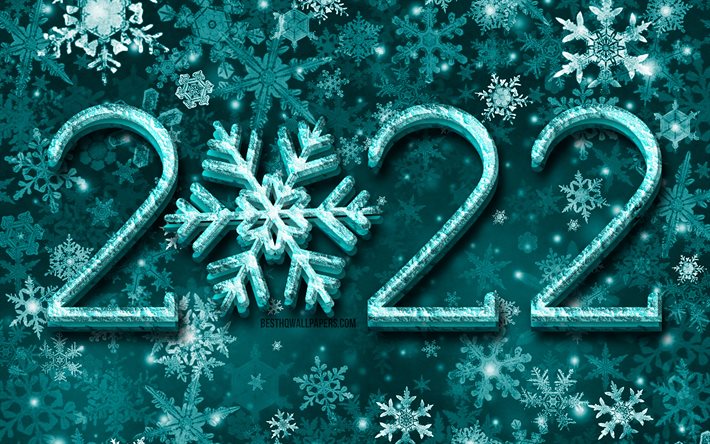 2022 d&#237;gitos 3D azuis, 4k, flocos de neve 3D, Feliz Ano Novo 2022, fundos azuis de inverno, 2022 conceitos, arte 3D, 2022 ano novo, 2022 em fundo azul, d&#237;gitos de 2022 anos