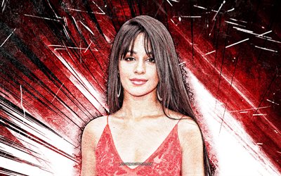 4k, Camila Cabello, art grunge, chanteuse américaine, stars de la musique, Karla Camila Cabello Estrabao, célébrité américaine, superstars, rayons abstraits rouges, Camila Cabello 4k