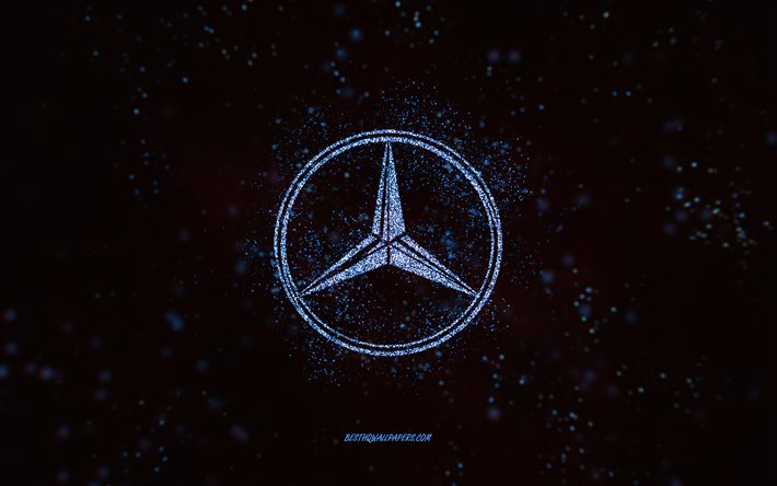 Mercedes-Benz parıltılı logo, 4k, siyah arka plan, Mercedes-Benz logosu, mavi parıltılı sanat, Mercedes-Benz, yaratıcı sanat, Mercedes-Benz mavi parıltılı logo, Mercedes logosu