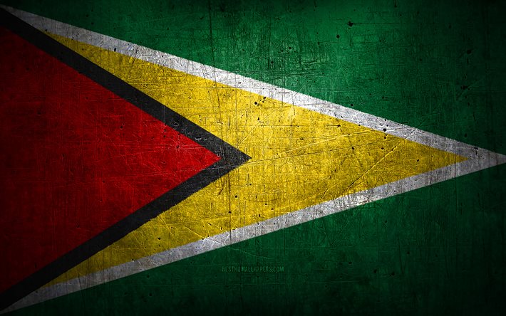 Guyanese metal flag, grunge art, South American countries, Day of Guyana, national symbols, Guyana flag, metal flags, Flag of Guyana, South America, Guyanese flag, Guyana