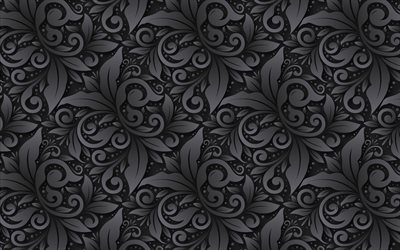 sfondo nero vintage, 4k, motivi floreali 3D, ornamenti floreali, motivo floreale vintage, sfondo con ornamenti, texture 3D, motivi floreali, sfondi neri