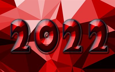 2022 رقم ثلاثي الأبعاد أحمر, 4 ك, كل عام و انتم بخير, خلفيات abstarct الحمراء, 2022 مفاهيم, فن ثلاثي الأبعاد, 2022 العام الجديد, 2022 على خلفية حمراء, 2022 أرقام سنة
