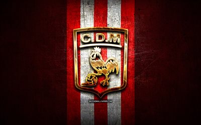 Deportivo Moron FC, golden logo, Primera Nacional, red metal background, football, argentinian football club, Deportivo Moron logo, soccer, Argentina, Club Deportivo Moron
