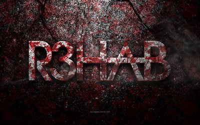 Logo R3hab, art grunge, logo pierre R3hab, texture pierre rouge, R3hab, texture pierre grunge, embl&#232;me R3hab, logo R3hab 3d