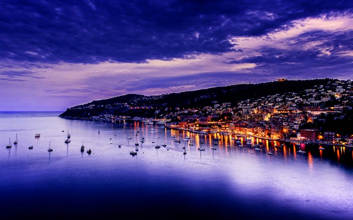 Villefranche-sur-Mer, 4k, nightscapes, French Riviera, skyline cityscapes, french cities, Villefranche, France, Europe