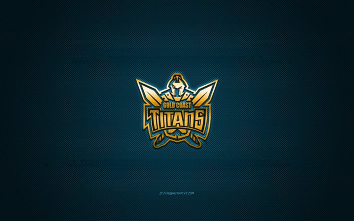 Download wallpapers Gold Coast Titans, rugby club, NRL, yellow logo, blue carbon fiber background, National Rugby rugby, Queensland, Australia, Gold Coast Titans for desktop free. Pictures for free