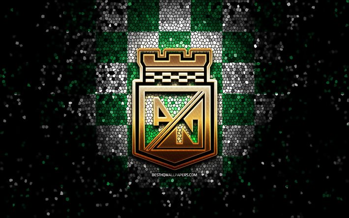 Atletico Nacional FC, parıltılı logo, Kategori Primera A, yeşil beyaz damalı arka plan, futbol, Kolombiyalı Futbol Kul&#252;b&#252;, Atletico Nacional logo, mozaik sanatı, Atletico Nacional, Kolombiya Futbol Ligi