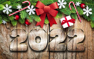 Happy New Year 2022, 4k, 2022 golden 3D digits, christmas decorations, 2022 concepts, 3D art, 2022 new year, Christmas 2022, red bow, 2022 on wooden background, 2022 year digits