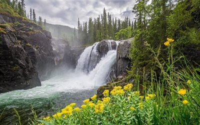 Waterfall, mountain river, mountain, green grass, mountain landscape
