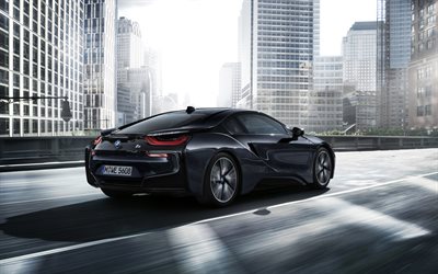 BMW i8, 2017, 4k, sports electric car, black i8, German cars, modern city, skyscrapers, road, BMW