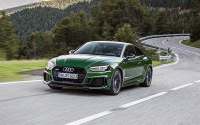 Audi RS5, 2018, 4k, green RS5, sports coupe, German cars, mountain road, Alps, Audi