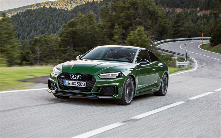 Audi RS5, 2018, 4k, verde RS5 cabrio, coup&#233; sportivo, auto tedesche, strada di montagna, Alpi, Audi