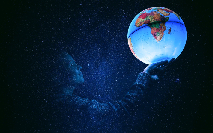 globe, earth, woman, starry sky, night