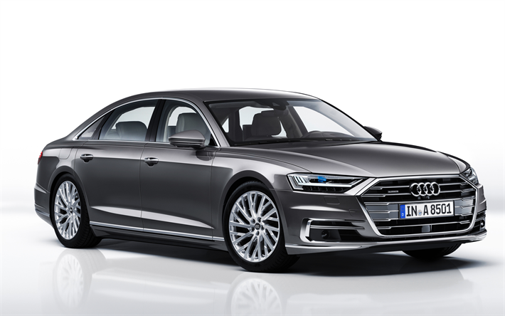 Audi A8 L, 2018, 4k, carros de luxo, cinza A8, limousine, Carros alem&#227;es, Audi