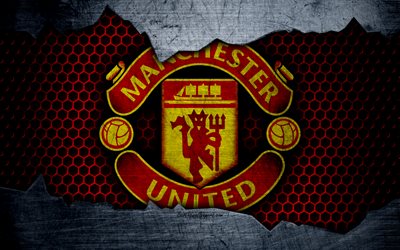 Manchester United, 4k, logo, metal background, soccer, Premier League, MU, Manchester, football