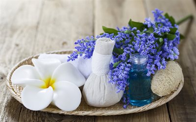 spa accessories, 4k, spa salons, beauty, blue flowers, fragrant oil