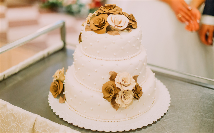 4k, wedding cake, decoration, wedding, cakes, bronze flowers, holiday cakes