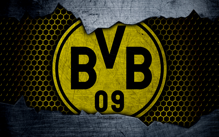El Borussia de Dortmund, 4k, logotipo, metal de fondo, f&#250;tbol, Bundesliga, BVB, Borussia