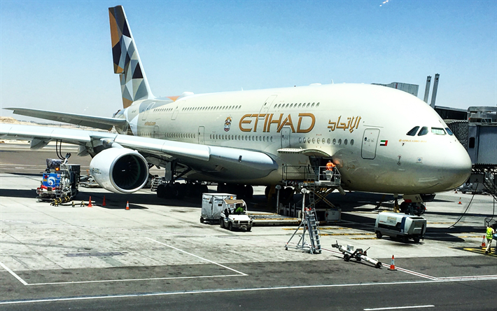 Airbus A380, A Etihad Airways, 4k, aeroporto, destino, avi&#227;o de passageiros, Airbus